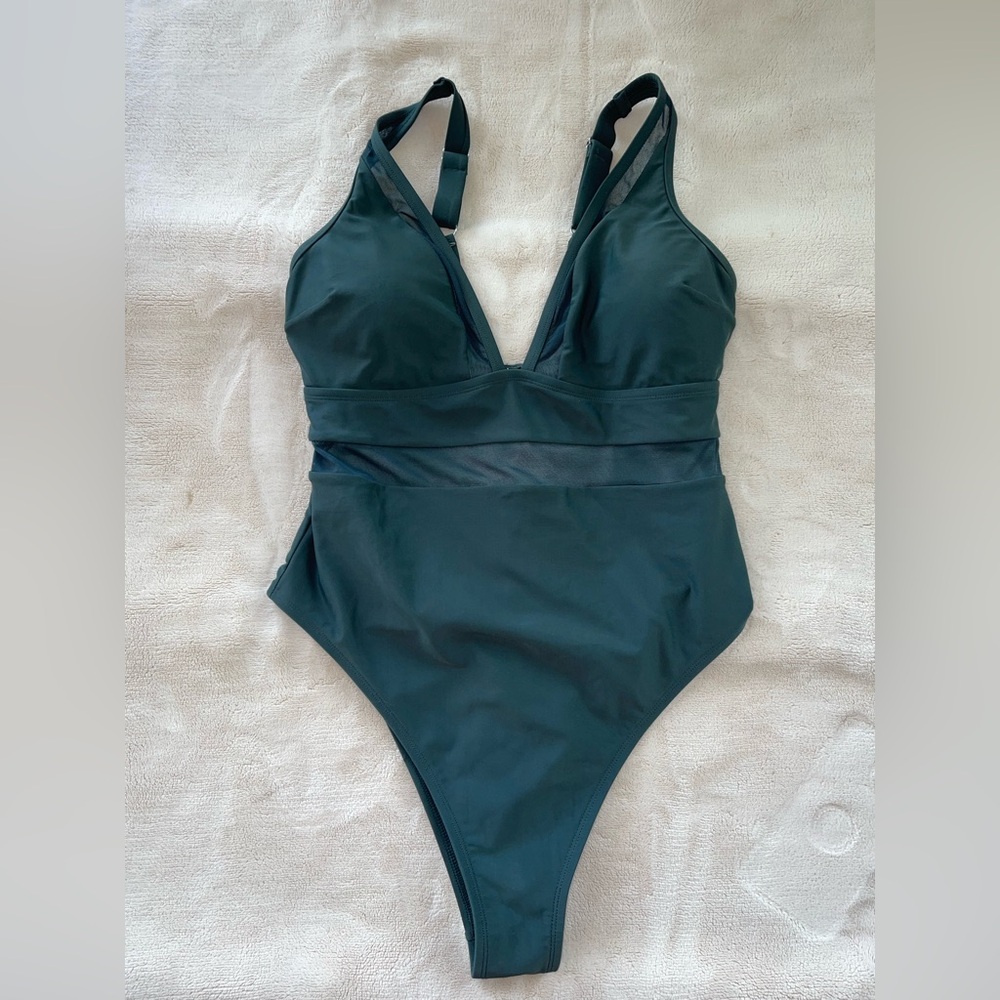 CUPSHE One Piece Swimsuit V Neck Tummy Control Bathing Suit LARGE DARK GREEN